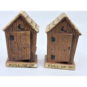 Ceramic Outhouse Salt Pepper Shakers Set "Full of S" & "Full of P"Vintage Japan